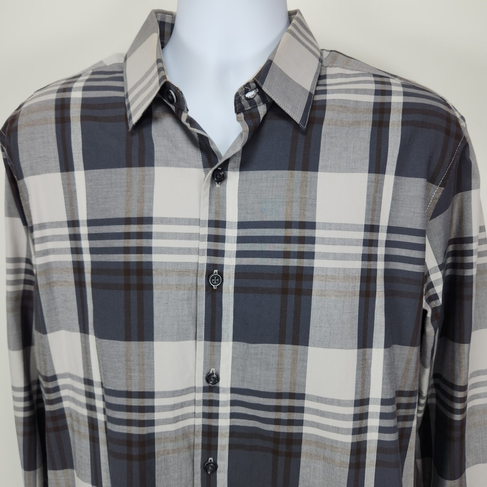 Tasso Elba Shirt Mens L‎  Large 16-16.5 Long Sleeve Button Up Cotton Gray Plaid